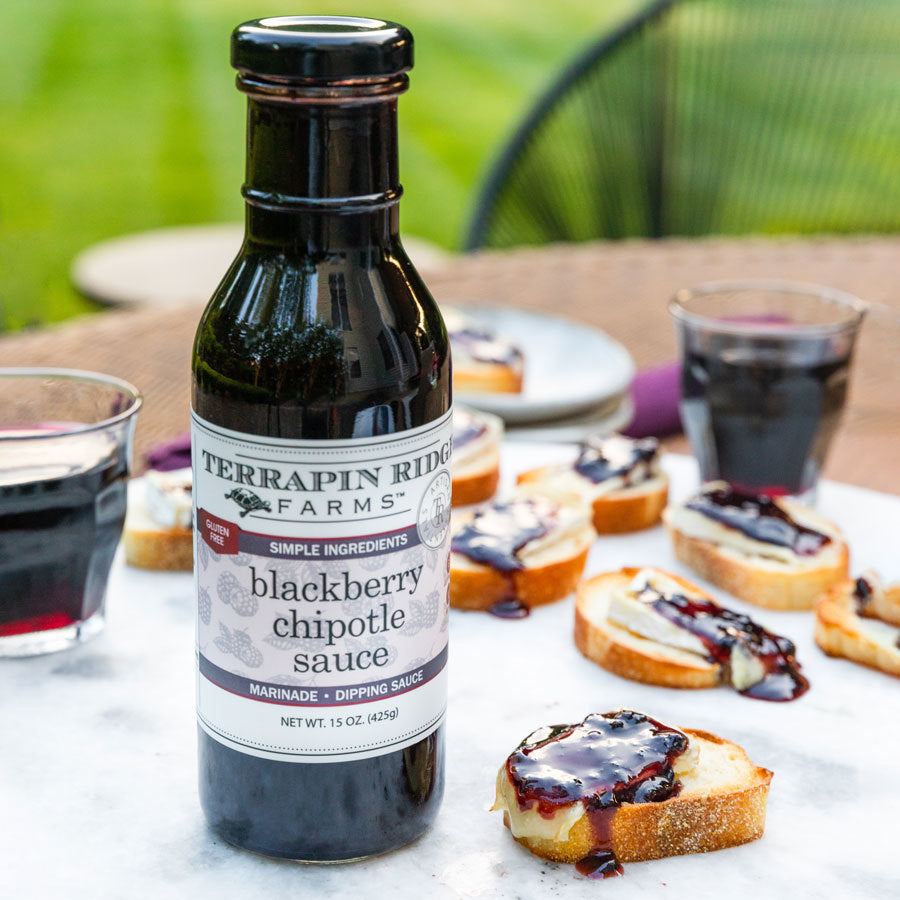 Camembert and Blackberry Chipotle Sauce Crostini