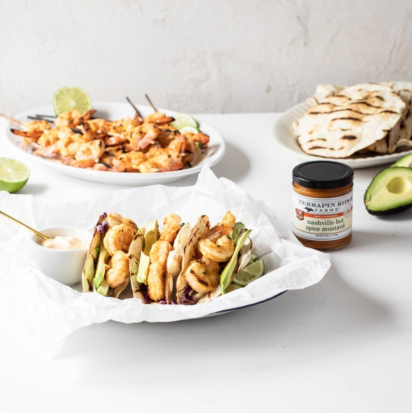 Nashville Hot Spiced Mustard Shrimp Tacos