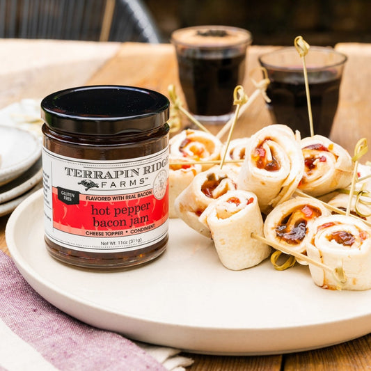 Pinwheels with Cream Cheese and Hot Pepper Bacon Jam