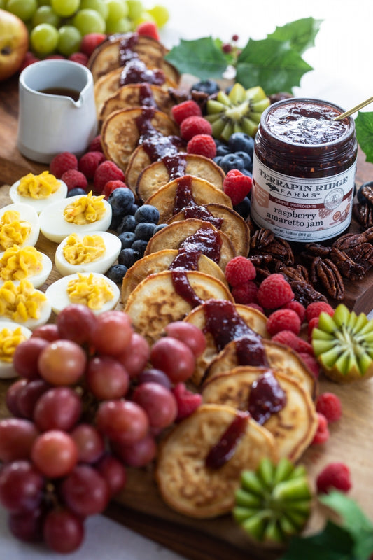 Pancake River with Raspberry Amaretto Jam, Blueberry Bourbon Pecan Jam and Maple Syrup