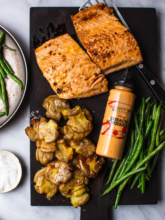 Pan Seared Sriracha Horseradish Salmon with Crispy Smashed and Fried Yukon Potatoes