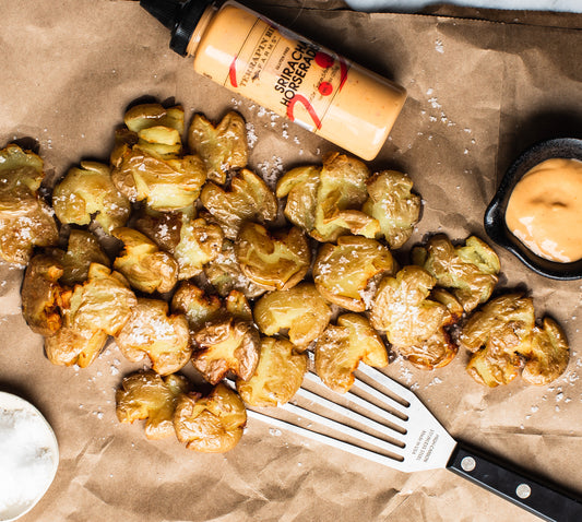 Sriracha Horseradish Crispy Smashed Potatoes