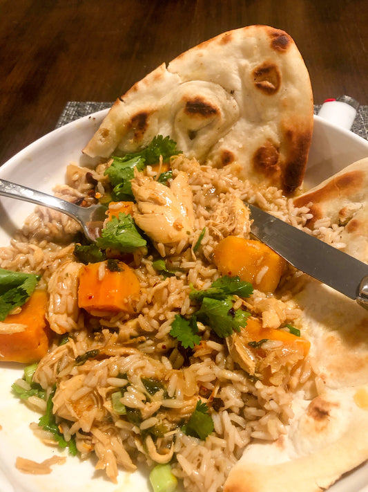 Apricot Ginger Coconut Milk Braised Chicken with Sweet Potatoes and Rice