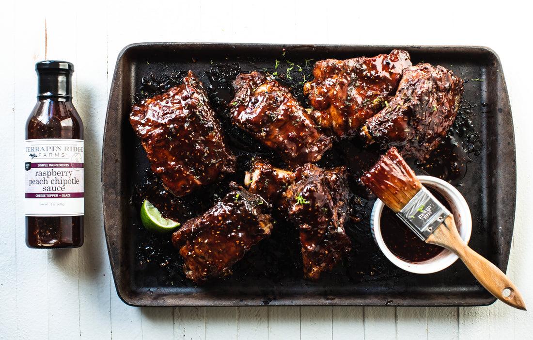Slow Cooker Ribs with Raspberry, Peach, Chipotle Sauce