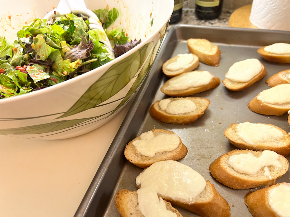 Salad with Roasted Pepper Dressing and Burrata Crostini