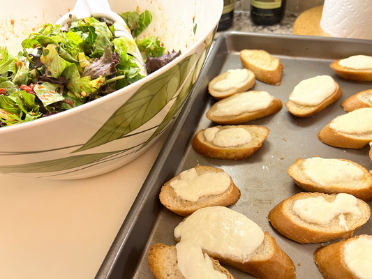 Salad with Roasted Pepper Dressing and Burrata Crostini